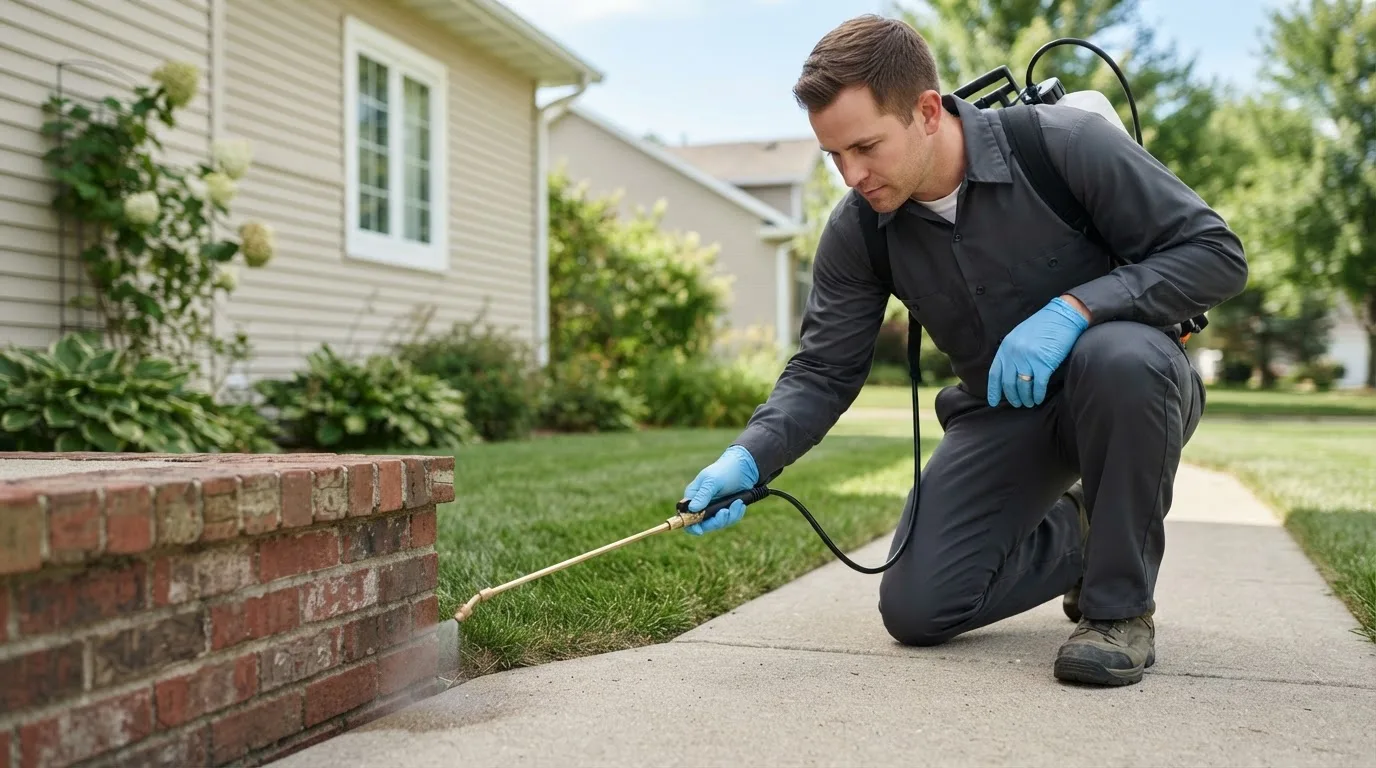 Pest control technician treating a home near Glencoe, MN